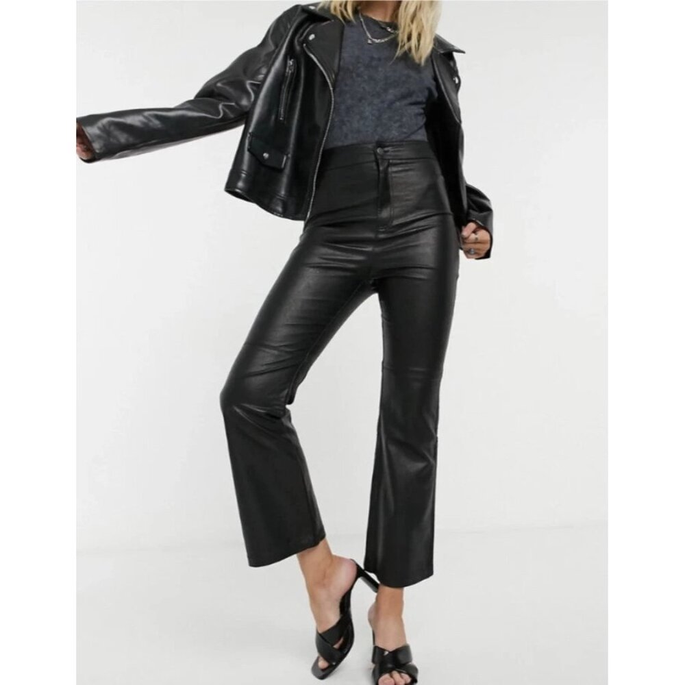 Free People Sasha Pants Vegan Leather Kick Flare Black 12 NEW